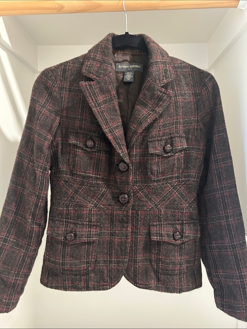 Banana Republic Women's Brown and Burgundy Plaid Wool-Blend Blazer